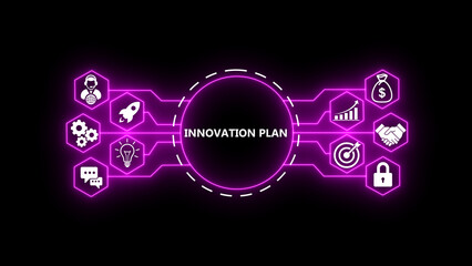 Obraz premium Futuristic glowing neon INNOVATION PLAN interface on dark background. Digital style business visualization with technology icons, target, growth chart, finance, security and strategy elements. 