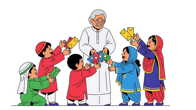 eid celebration with diverse muslim children receiving eidi envelopes from an elder representing islamic traditions and generosity