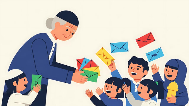 islamic celebration featuring an elder muslim distributing colorful eidi envelopes to a group of happy children depicting generosity and tradition.