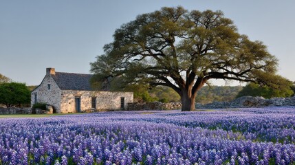 Ancient stone dwelling stands beside massive spreading tree in vibrant purple wildflower field