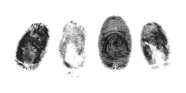 Set of four distinct fingerprint marks in black ink on white background