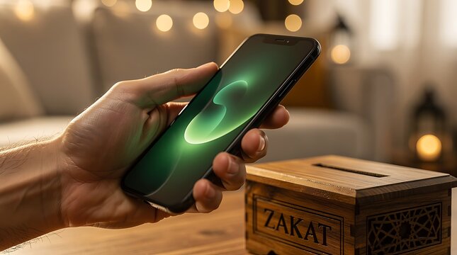 Hand Holding Smartphone for Online Zakat Donation in Cozy Home Setting with Blurred Lights