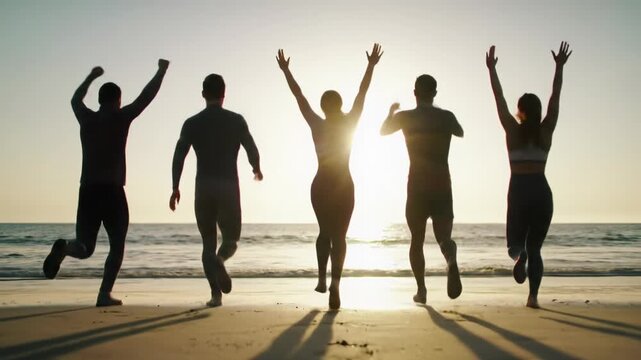 Diverse group (two men, two women) in athletic wear run and leap, water splashing on a pristine beach at golden hour with bokeh. Concept of collective achievement