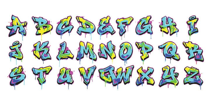 Vibrant graffiti alphabet featuring bold dripping letters from a to z in a street art style