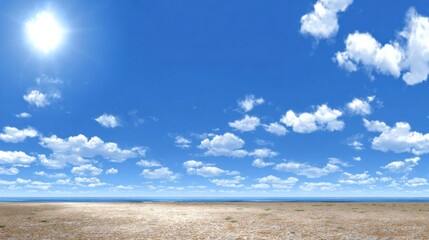 Bright sun shines intensely over a vast, arid landscape meeting a distant horizon of water under a vivid blue sky filled with cumulus clouds.