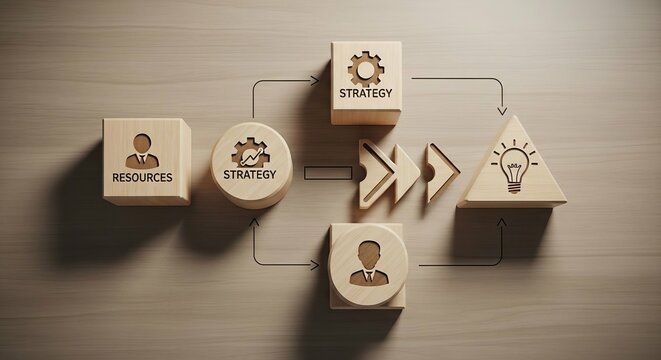 A Top-Down View of Wooden Blocks Representing Resources and Strategy Flowing into a Central Lightbulb Icon &ndash; Concept for Business Process Mapping, Strategic Resource Management, and the Systematic Pat