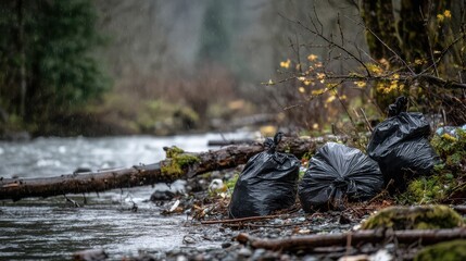 Discarded garbage bags littering a forest stream