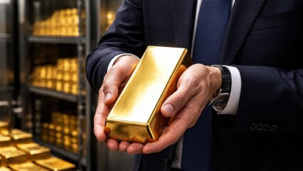 A person holding a gold bar in a secure environment.