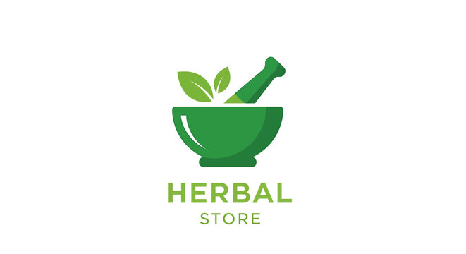 Herbal store logo with green mortar and pestle and leaves on white background