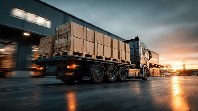 Large cargo truck loading at industrial facility during sunset