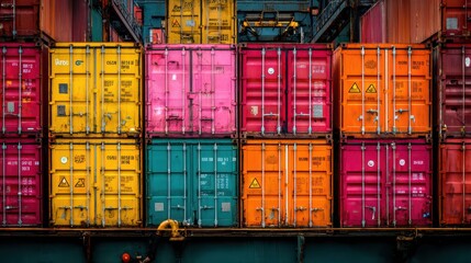 Vibrant shipping containers stacked on a cargo ship