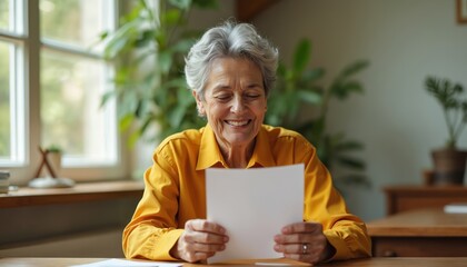 Smiling senior woman reads paper letter at desk. She holds document, looks happy receiving good news by mail. Mature lady enjoys correspondence at home, good results.