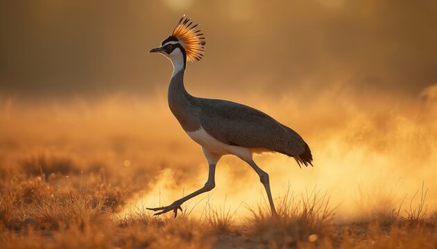 Great Indian Bustard bird walks through arid grassland at sunrise. Golden dust swirls around its legs. Side lighting highlights its unique crown and body.