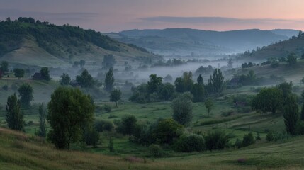 Fototapeta premium Rolling green hills and valleys are blanketed by thick morning mist at sunrise