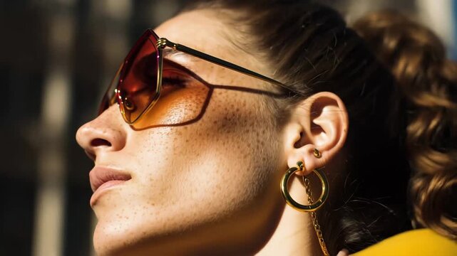 A woman wearing sunglasses sits in a dark room, creating a striking contrast between her attire and the surroundings.