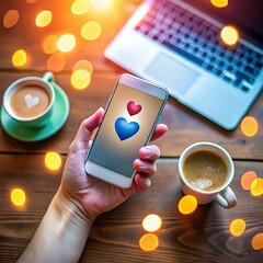 Hand holding phone with hearts near laptop and coffee