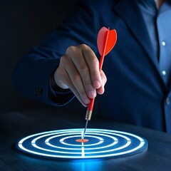 Hand holding red dart aiming at glowing blue target center