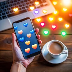 Hand with phone showing heart icons near laptop and coffee