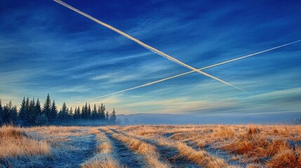 Clear blue sky displays crossing vapor trails above a frosted field bordered by evergreen trees