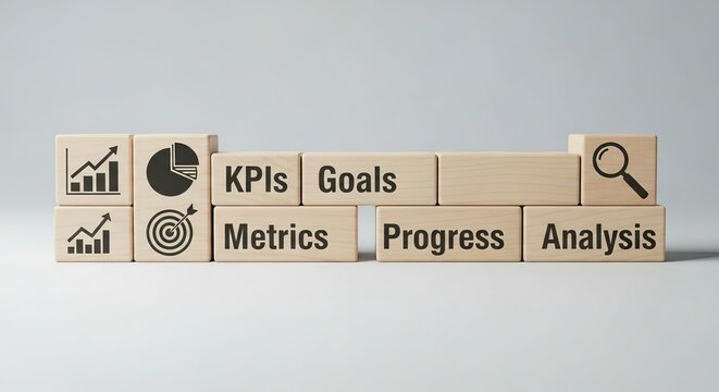 Professional Arrangement of Wooden Blocks Featuring Key Performance Indicators (KPIs), Goals, Metrics, Progress, and Analysis &ndash; Concept for Business Intelligence, Performance Tracking, and Strategic P