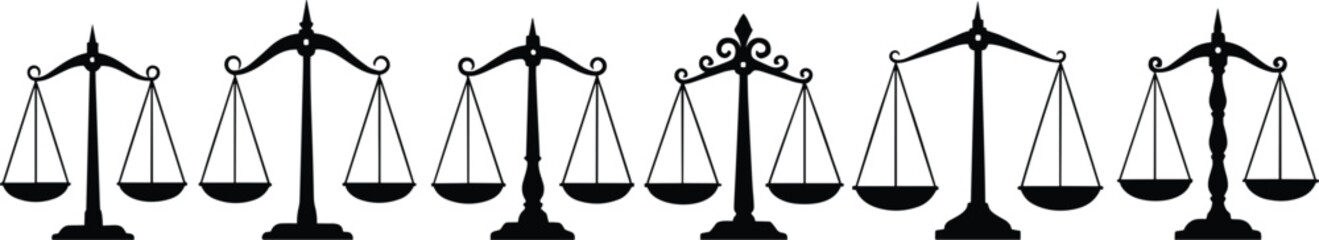 Scales of justice collection featuring black law silhouettes and balance icons set for legal advice, courthouse symbol, measurement of equality, and judicial authority.