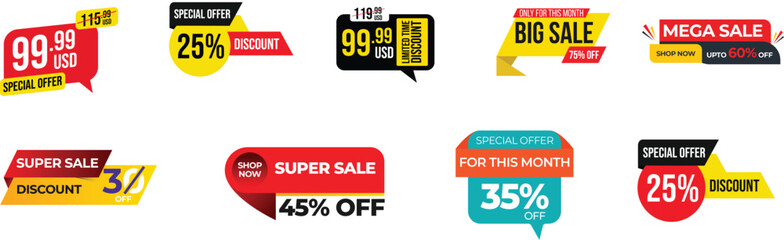 Red ribbon label, special offer sticker, price discount promotion banner, discount sale tag, Retail sale tags, Sticker Illustration for marketing deal isolated on transparent background