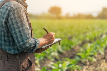 Farmer Writing Notes in Small Notebook During Field Inspection at Sunset