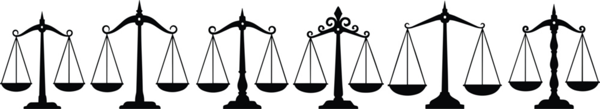 Scales of justice collection featuring black law silhouettes and balance icons set for legal advice, courthouse symbol, measurement of equality, and judicial authority.