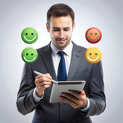 Man using tablet with customer satisfaction emojis