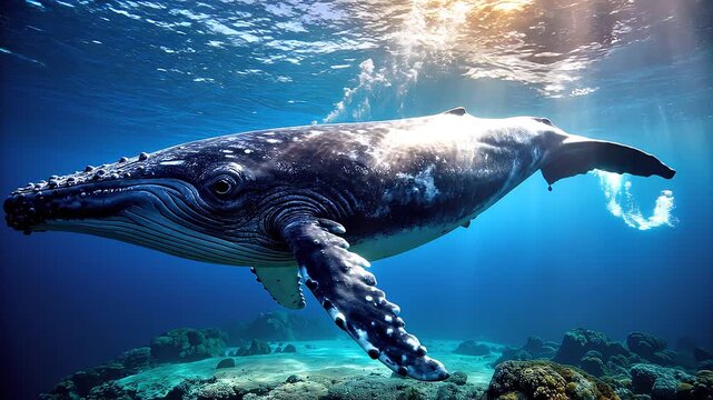Majestic Humpback Whale Swimming Underwater with Sun Rays, Ocean Giant in Clear Blue Sea, Marine Wildlife Beauty, Peaceful Nature Motion, Cinematic Underwater Scene