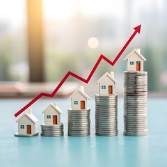 Miniature houses on increasing coin stacks with upward trend graph