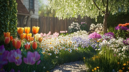 Vibrant garden with colorful tulips and daisies in springtime.