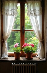 Two potted geranium flowers sit on a wooden windowsill with white lace curtains. Sunlight streams through the window onto the blooming plants, overlooking a green garden.