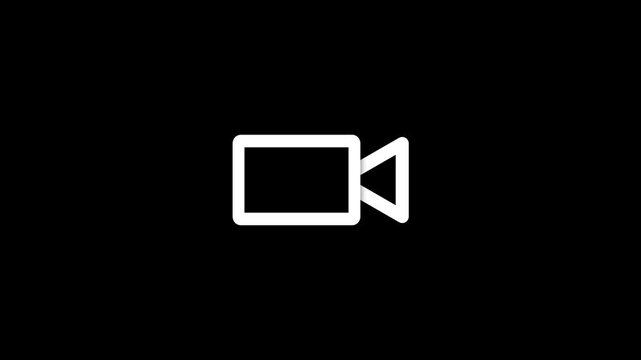 Simple white video camera icon on a black background
