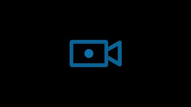 Simple blue icon of a video camera on a black background