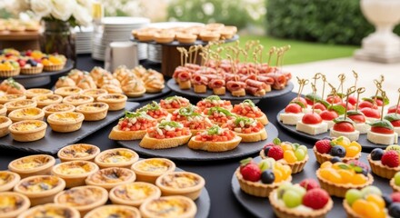 Fototapeta premium Appetizers arranged on black trays outdoors, with floral decor in background