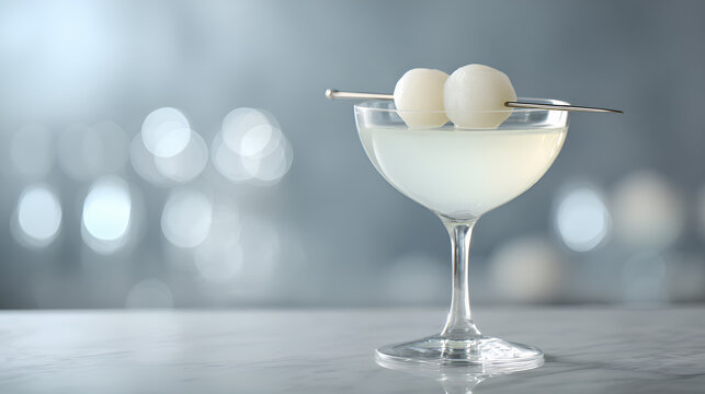 Jasny drink w kieliszku koktajlowym z dwiema białymi kulkami owoc&oacute;w na patyczku.