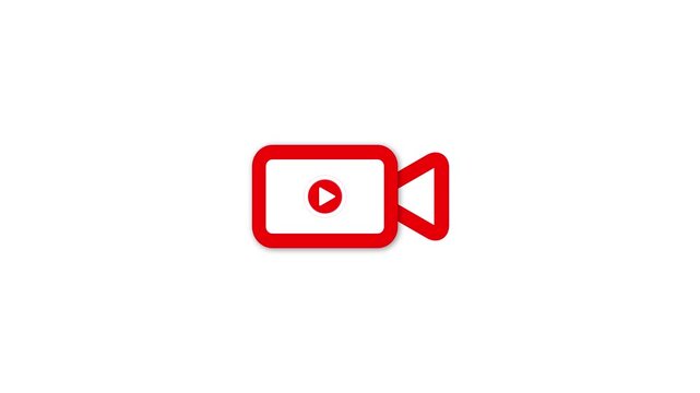 Red video camera icon with play button on white background