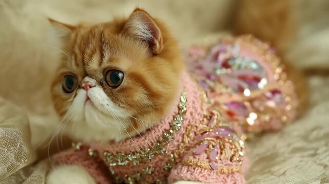 A cat dressed in a colorful hat and scarf, sitting comfortably and looking playfully at the viewer.