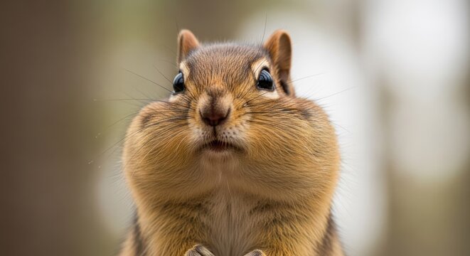 Adorable chipmunk with cheeks stuffed full, portrait shot, blurry background