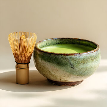 Tradycyjna zielona herbata matcha w czarce z bambusową miotełką chasen.