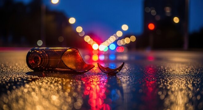 Broken glass, streetlit night