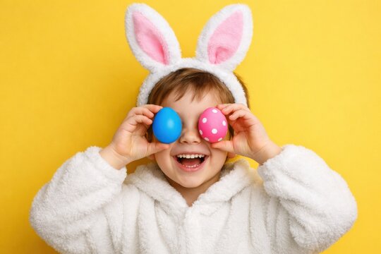 Cheerful child in bunny costume holding colorful Easter eggs.