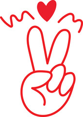 Obraz premium Minimal Red Peace Hand Gesture Line Illustration with Heart for Love, Positivity and Freedom Concept