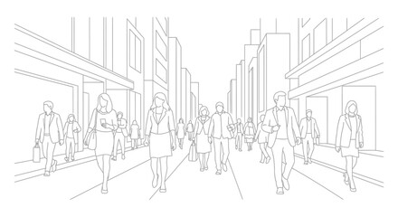 Obraz premium city people walking line art illustration depicting a bustling urban street scene representing modern business and daily downtown life.