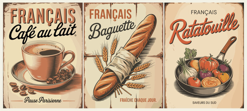 Retro French food poster triptych featuring cafe au lait baguette and ratatouille with distressed texture and classic advertising style.