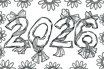 2026 number with ribbon doodle sketch illustration