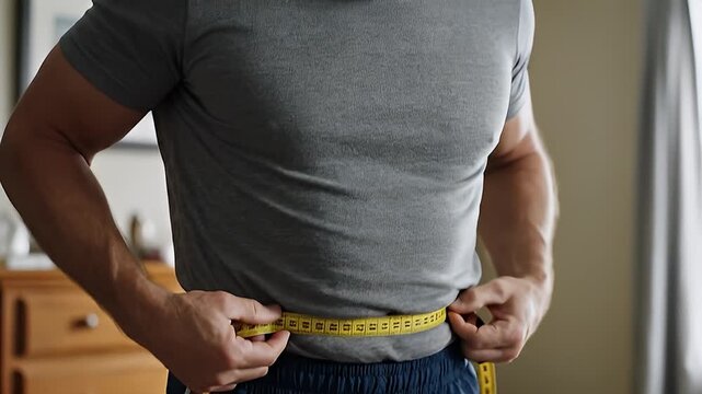 Man Measuring Waist for Fitness and Health Monitoring.