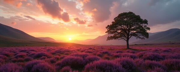 Lone tree stands in purple heather field at sunrise. Mountains form horizon under colourful sky. Peaceful rural landscape offers serene natural beauty, tranquil outdoor scene.