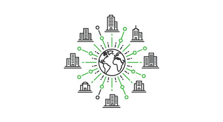 Obraz premium Global Network Connection Vector Illustration. Earth with Connected Building Icons. Worldwide Smart City Concept.